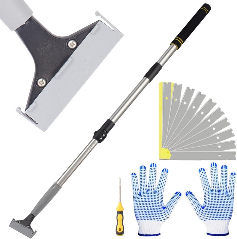 Frebuta 4"Razor Blade Floor Scraper with Long Handle,61in Adjustable Floor Scraper Heavy Duty with 10PCS Extra Metal Blades Paint Scraper for Cleaning Stickers Gum Glass Wall Tile (Retractable 52in) - Image 1